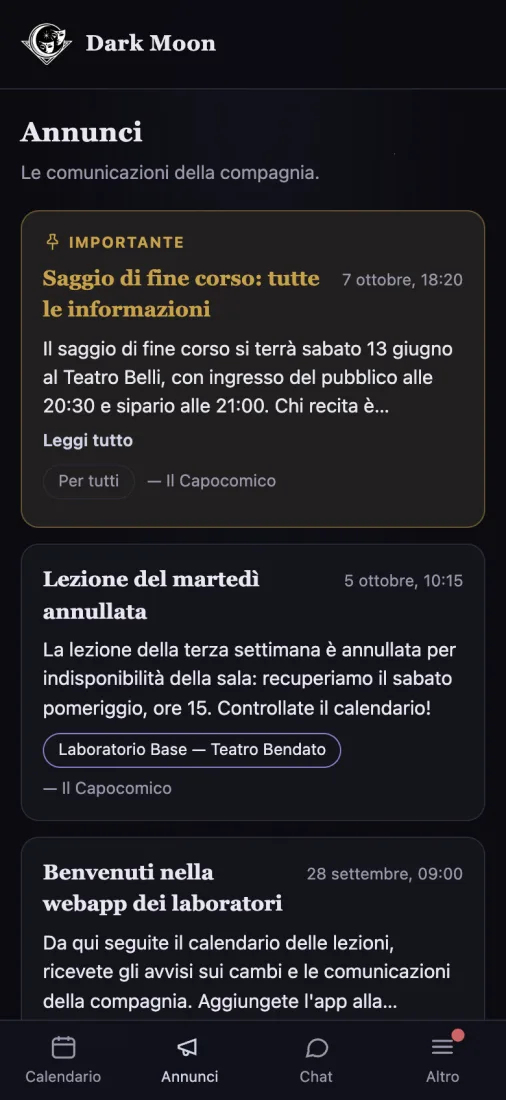 Schermata della webapp Dark Moon: gli annunci della compagnia, con in cima quello importante sul saggio di fine corso