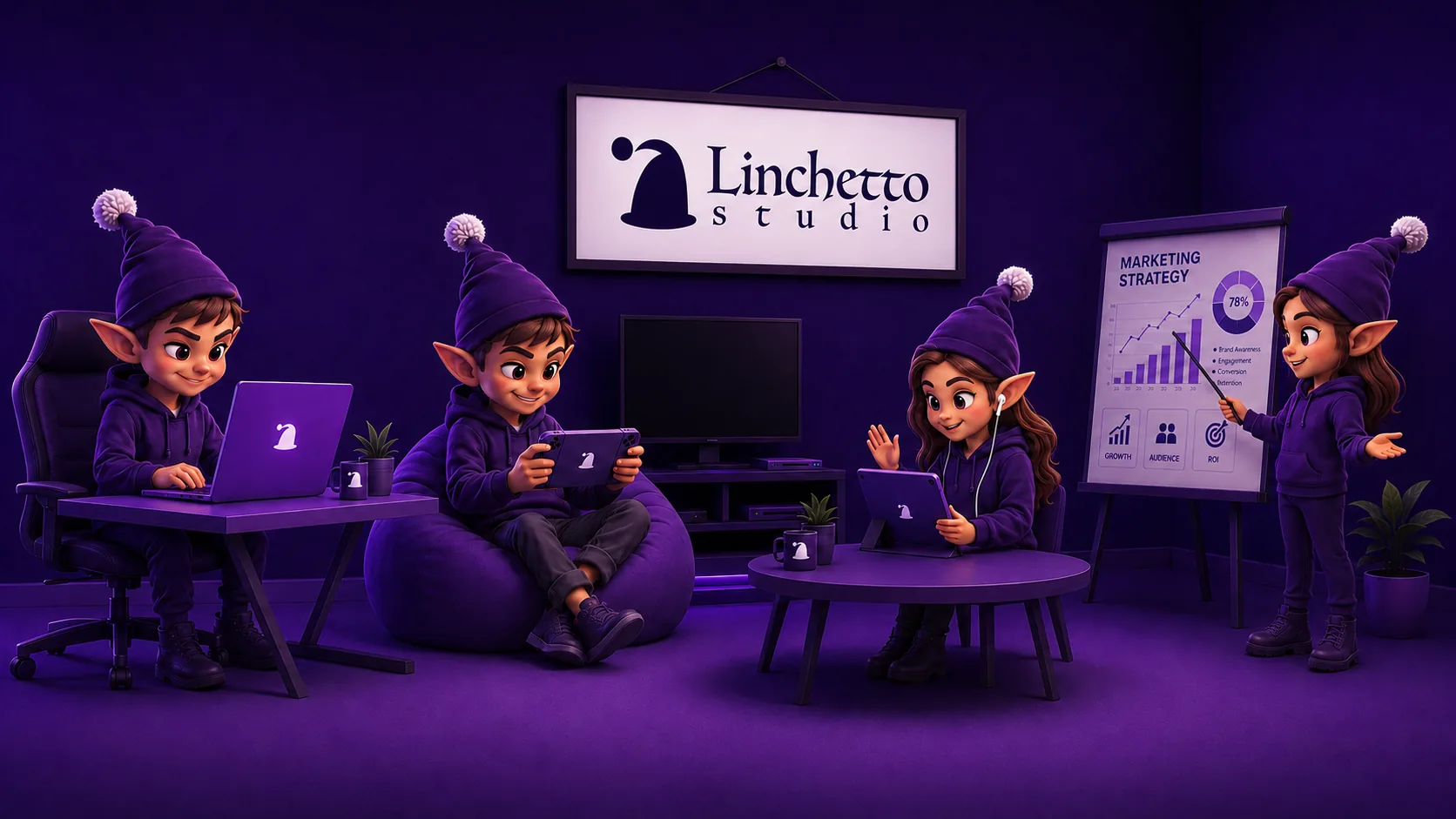 Quattro folletti Linchetto, tutti col cappello a punta viola, in una stanza viola: il primo programma al portatile che porta il cappello bianco del logo, il secondo gioca con un controller, il terzo mostra un telefono pieno di icone social, il quarto indica un grafico che sale