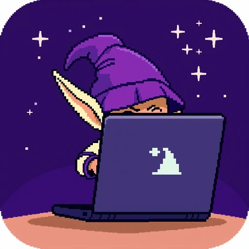 Il folletto Linchetto in pixel art a 16 bit, davanti al portatile